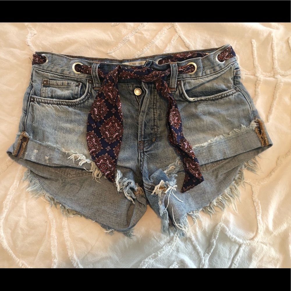 Free People Light Blue Denim Jean Shorts with Navy Paisley Tie Belt
